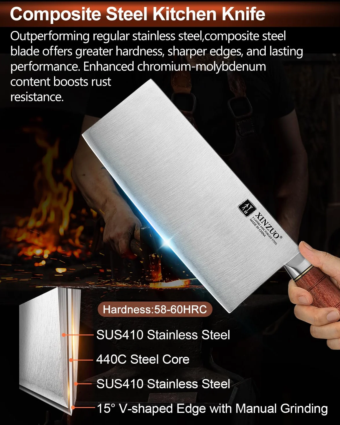 XINZUO 20,5cm Chinesisches Kochmesser 3 Schichten Verbundstahl Küchenmesser- Multifunktions Chefmesser Scharfes Edelstahl Profi Hackmesser -Ergonomischer Griff aus Red Wood -mit Geschenkbox