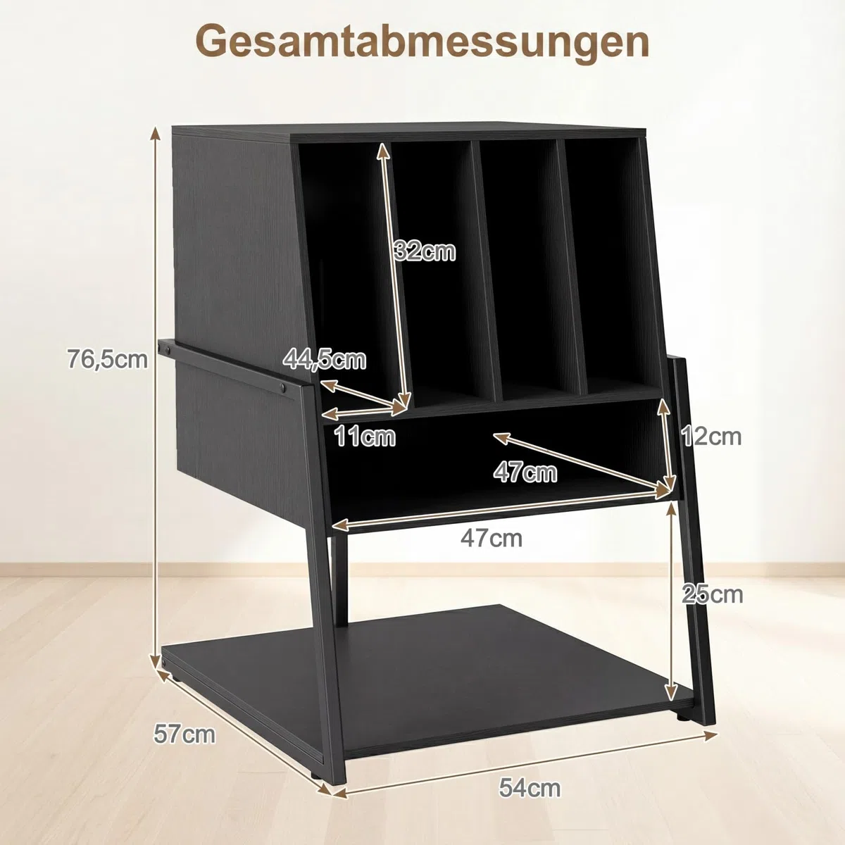 COSTWAY Plattenspielerständer, Vinyl Schallplattentisch mit breite Tischplatte, 4 Trennwänden & unteres Regal, Schallplattenständer Holz für Arbeitszimmer und Musikzimmer, 54 x 57 x 76,5 cm