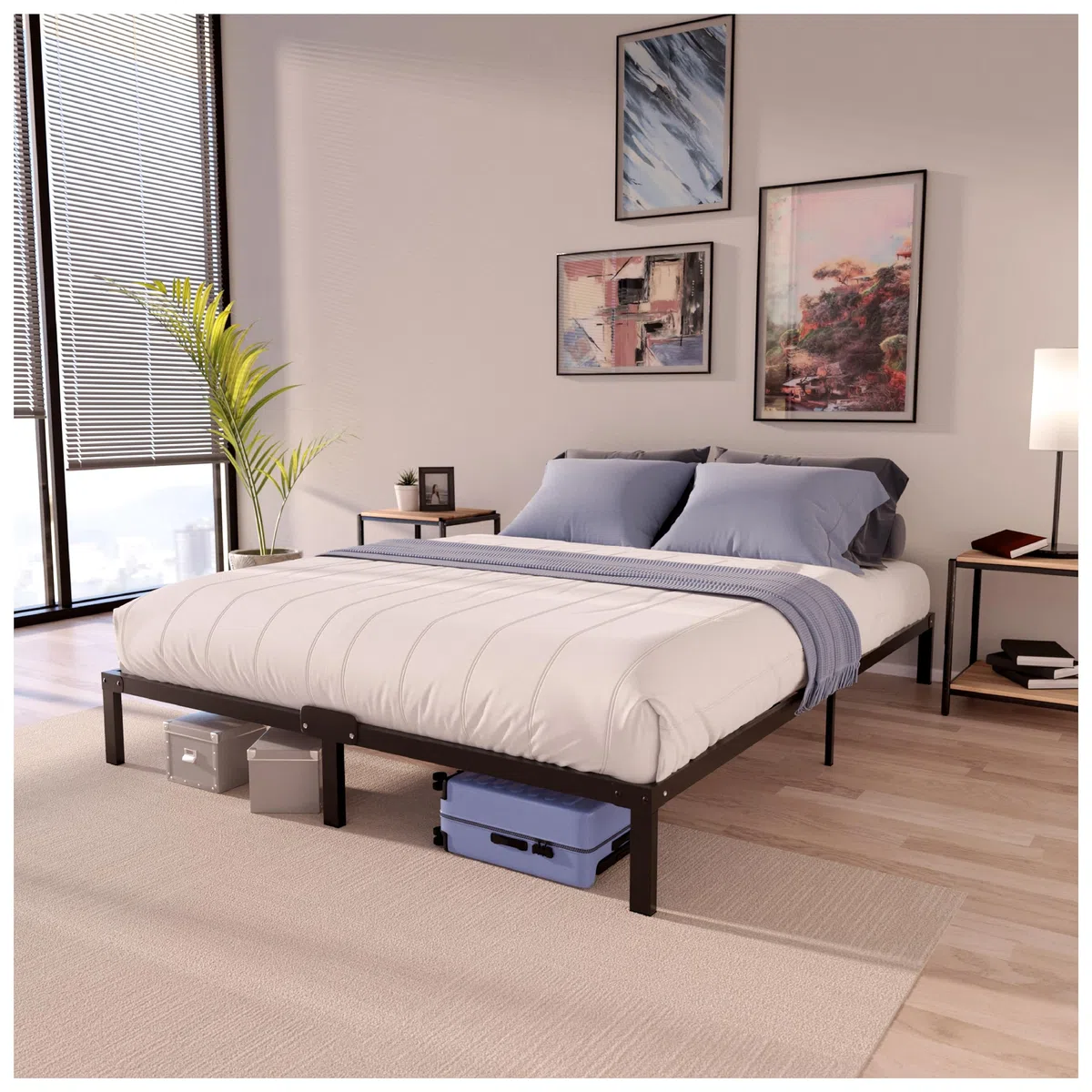 Dreamzie Bett 160x200 mit Lattenrost aus Metall - Bettgestell 160x200 für Matratze, Höche 35 cm - Großer Stauraum, Leicht zu Montieren und Stabil - Schwarzer Lattenrost