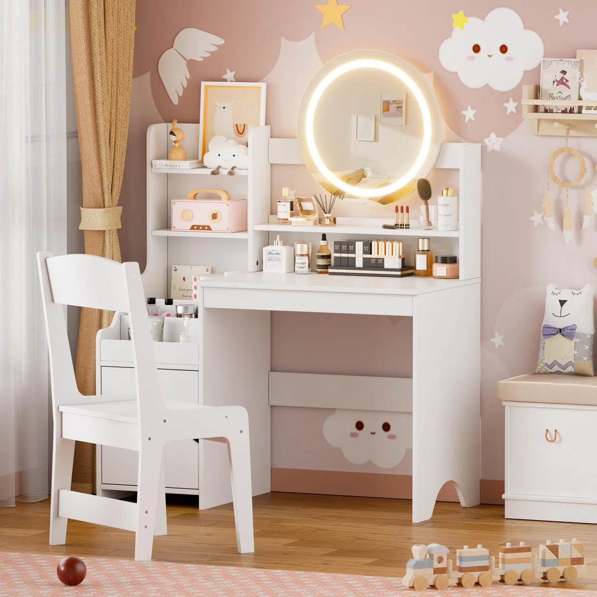 MSFE 2 in 1 Schminktisch Kinder Set, Kinderschminktisch Prinzessin Frisiertisch mit Hocker, LED-Spiegel & Stauraum Schrank, Frisierkommode Mädchen Holz ab 5 mit offenen Fächern (Weiß)