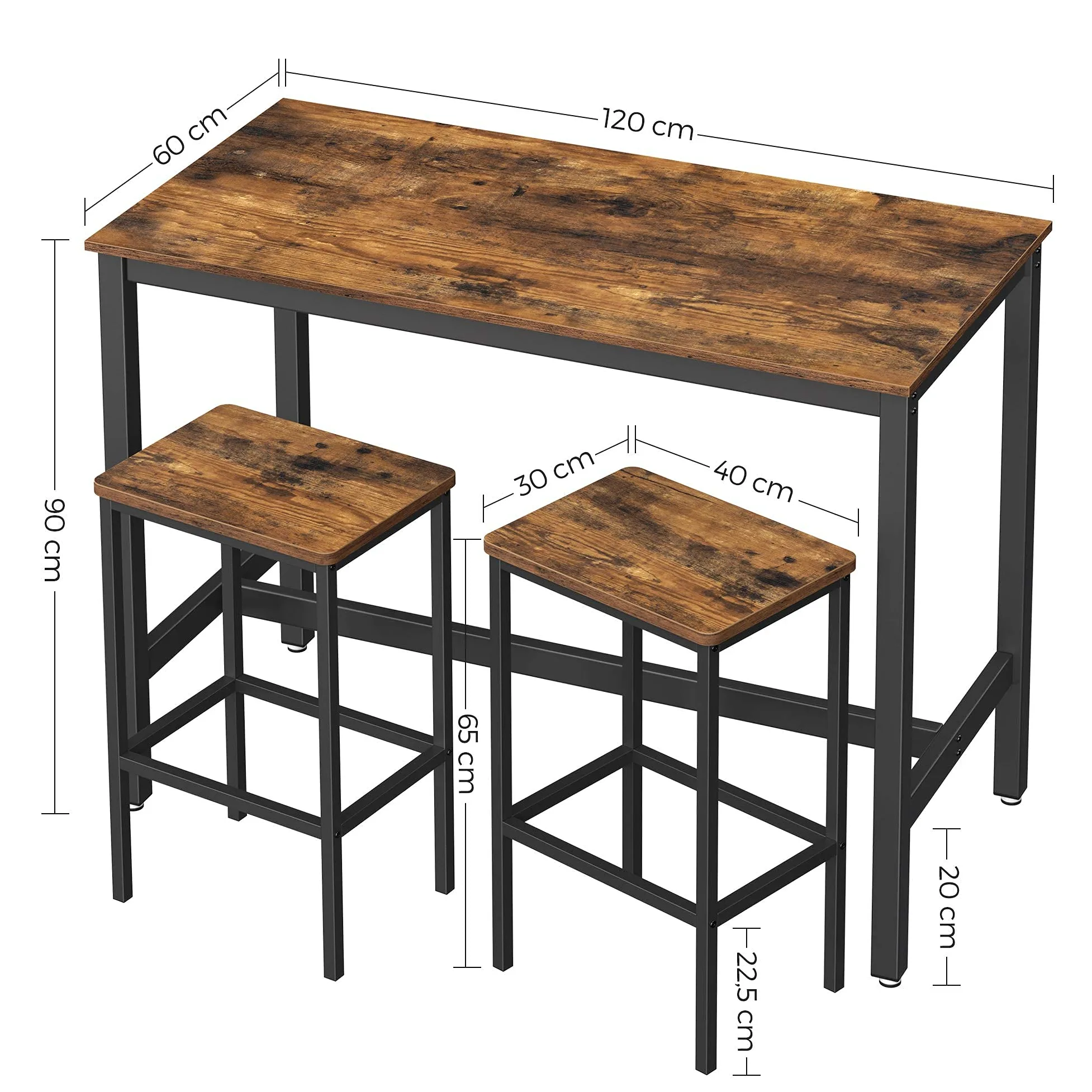 VASAGLE Bartisch-Set, Stehtisch mit 2 Barhockern, 120 x 60 x 90 cm, Küchentresen mit Barstühlen, Küchentisch und Küchenstühle im Industrie-Design, für Küche, vintagebraun-schwarz LBT15X