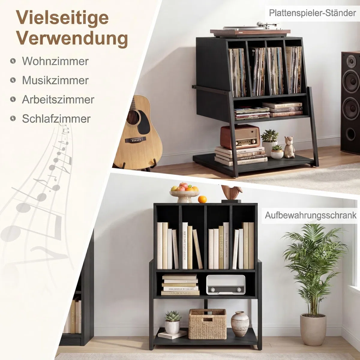 COSTWAY Plattenspielerständer, Vinyl Schallplattentisch mit breite Tischplatte, 4 Trennwänden & unteres Regal, Schallplattenständer Holz für Arbeitszimmer und Musikzimmer, 54 x 57 x 76,5 cm