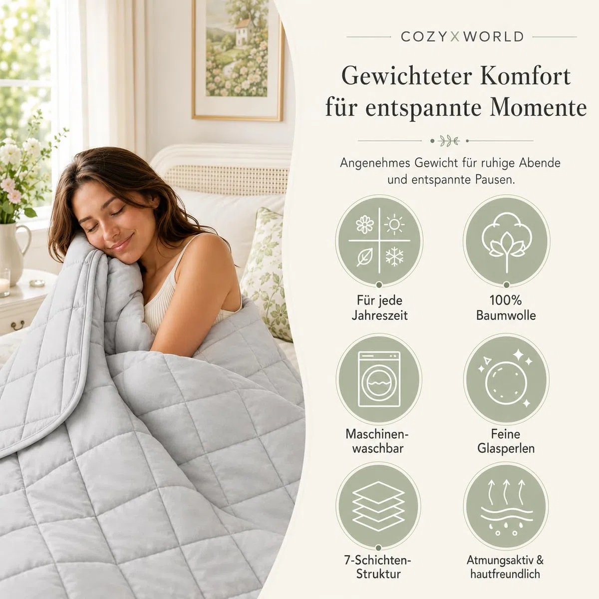 Gewichtsdecke 135x200cm 9kg, Entspannungsdecke 100% Baumwolle Schwere Decke, Weighted Blanket Anti Stress Therapiedecke, Gewichtsdecke Erwachsene zum Besser schlafen, Oeko-Tex Zertifiziert,Hellgrau