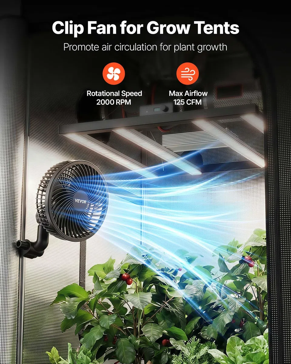 VEVOR Grow Ventilator mit Clip Oszillierend, 10 W-Clip-Ventilator mit USB-C-Anschluss, 9 Geschwindigkeitsstufen & Zirkulationsmodus, Umluftventilator für Umluft & Kühlung in Growbox, Growzelt, 2er-Set