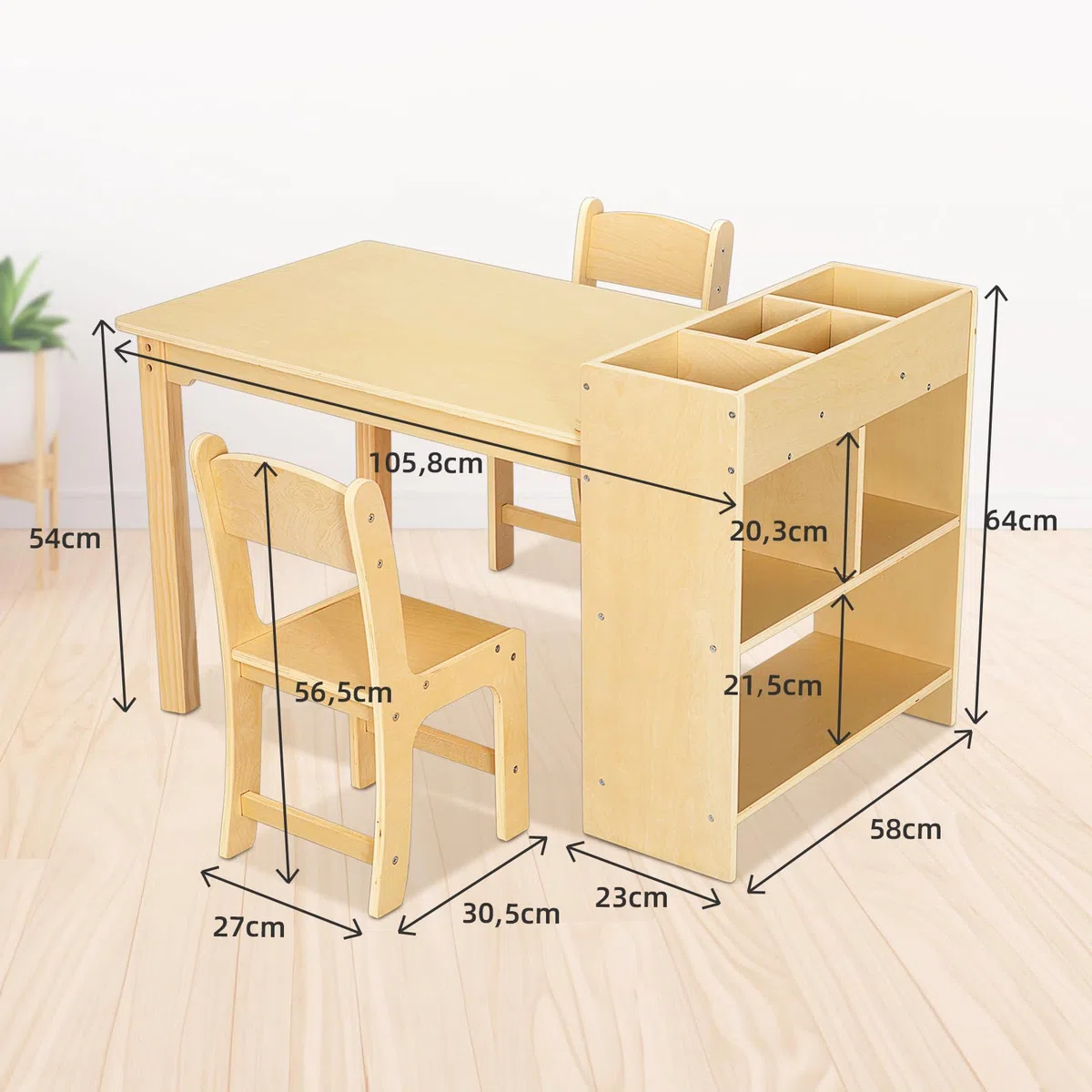 OOOK Kindertisch mit 2 Stühlen, Basteltisch Kindersitzgruppe mit Stauraum aus Holz, Aktivitätstisch Maltisch für Kinderzimmer, Klassenzimmer, Kindergarten
