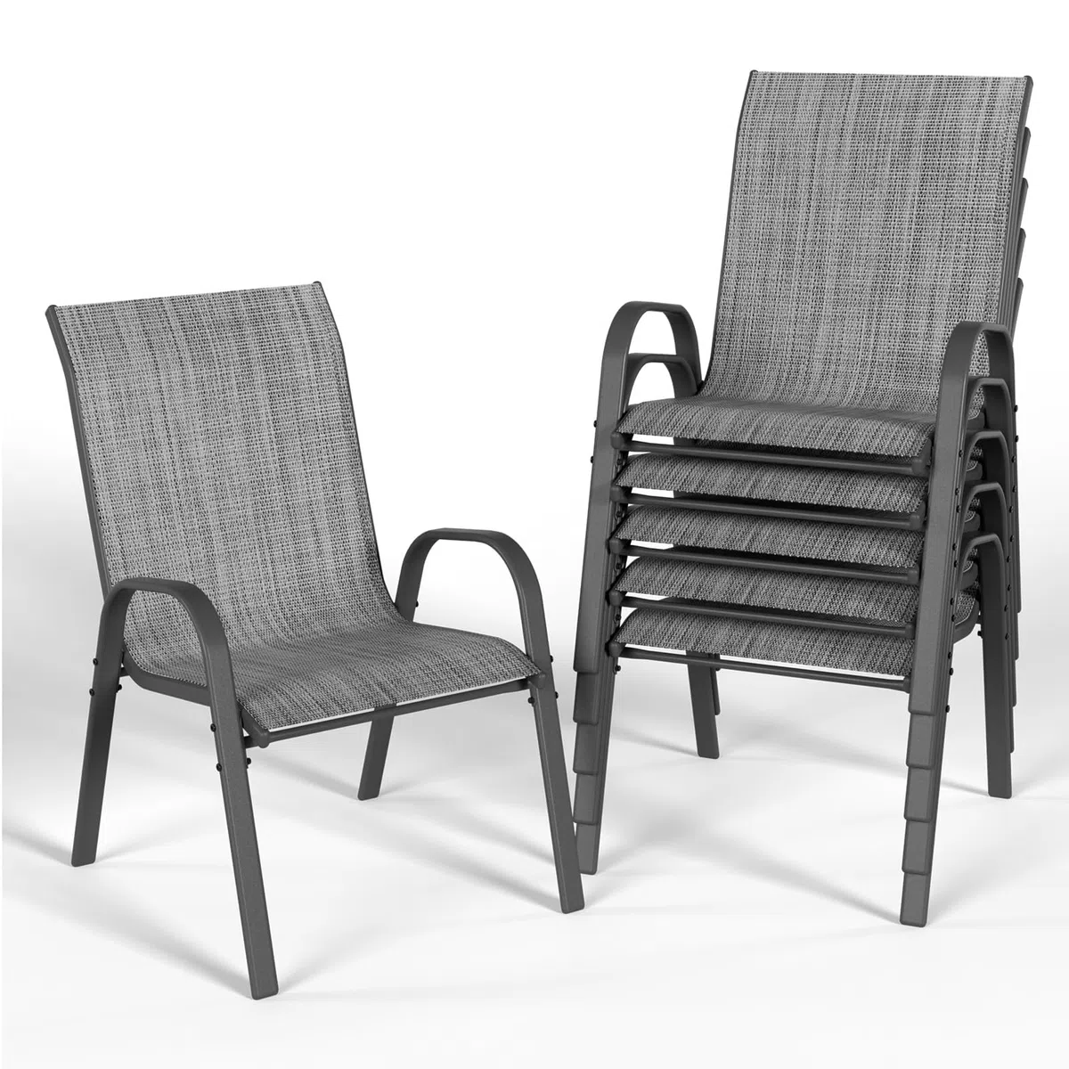 UDPATIO 6er Set Gartenstühle Stapelbare, 55cm Breiter Hochlehner Gartenstuhl, Stapelstühle aus Textilene, Atmungsaktive Terrassenstühle für Balkon, Terrasse, Garten, Grau
