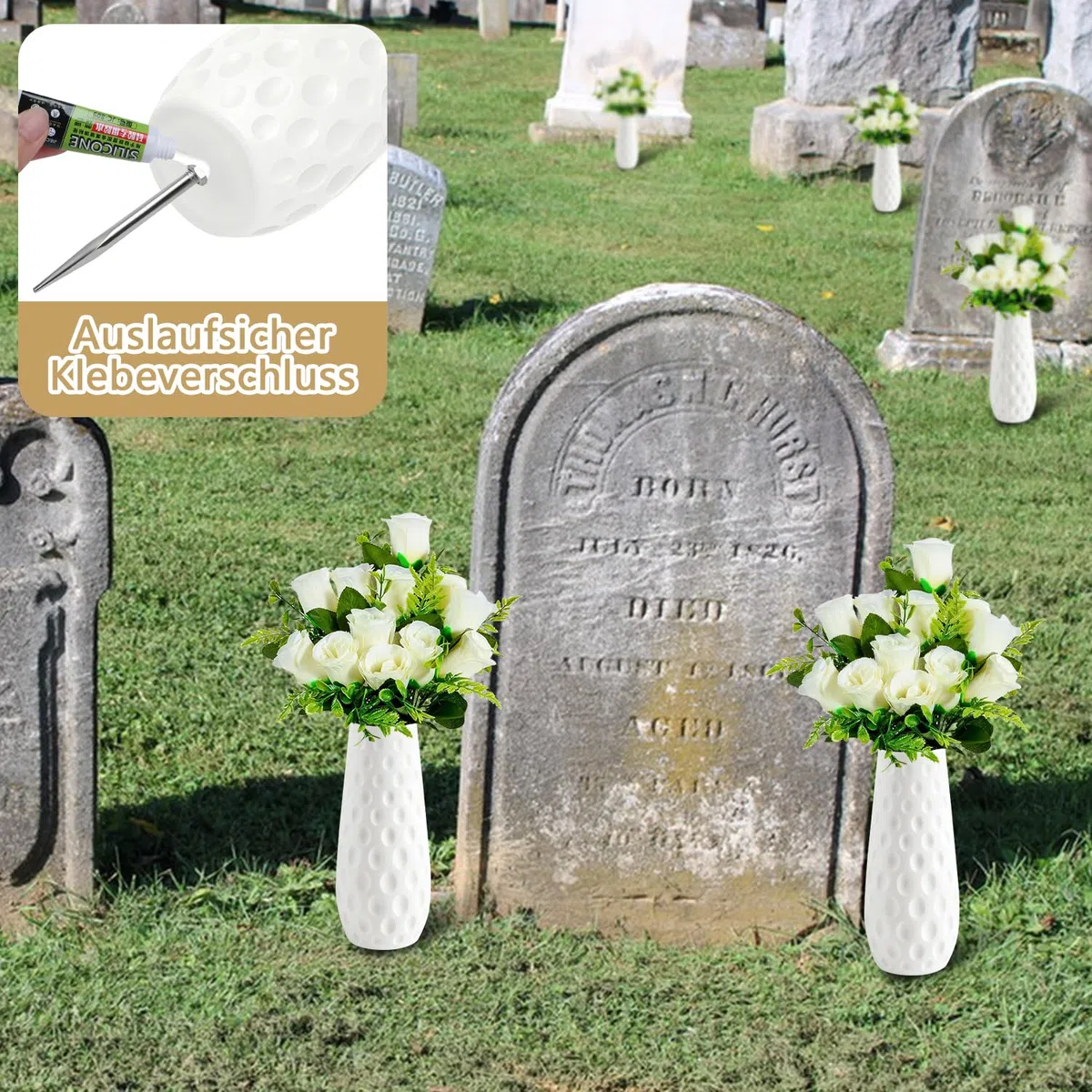 Grabvase mit Erdspieß 2Stk Grabvasen zum Stecken Friedhofsvase Einsatz Grabvase mit Sockel Vaseneinsatz Friedhof Friedhofsvasen Kunststoff Gedenkvasen für Gedenkgeschenke Grabdekoration