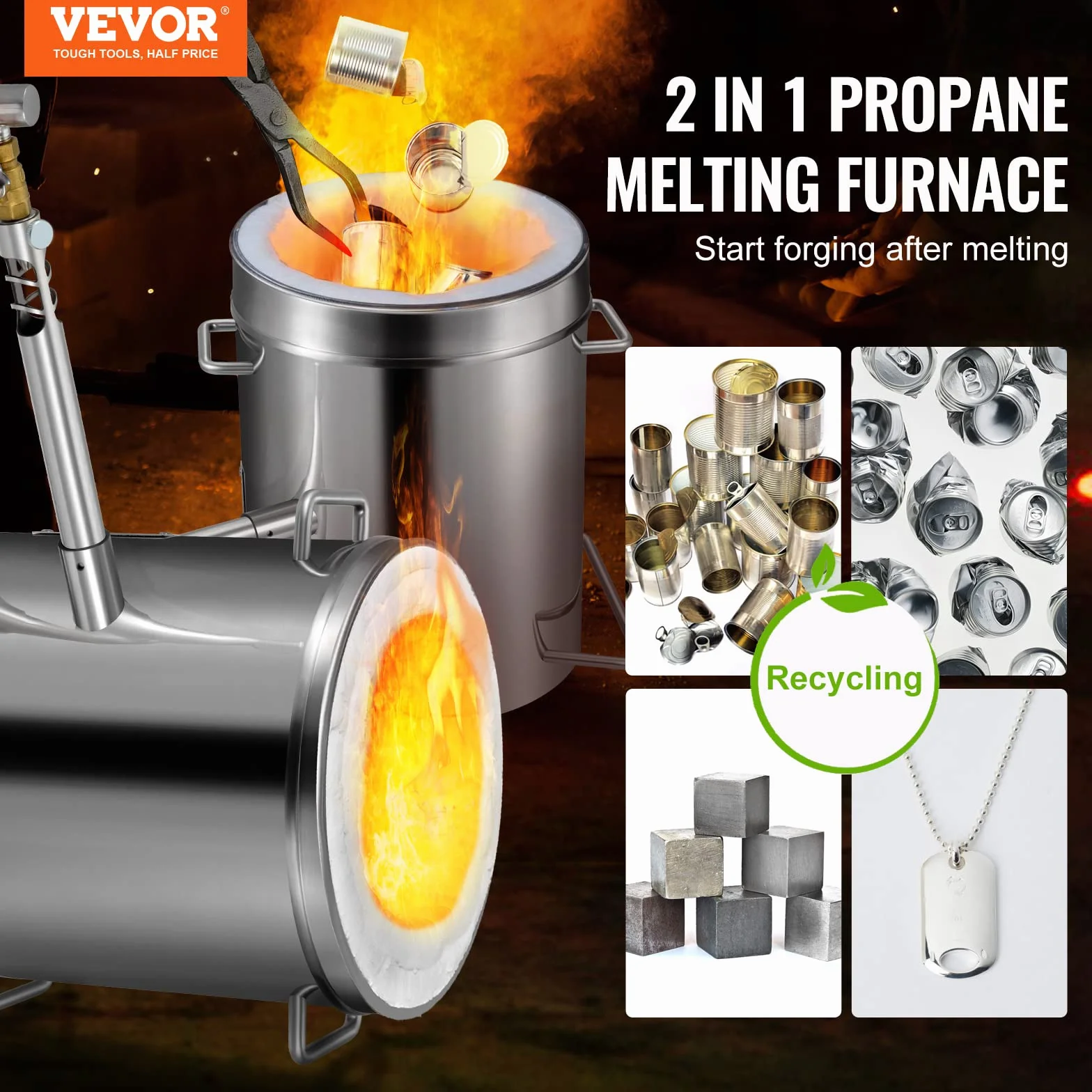 VEVOR Schmelzofen Propan Metall Schmelzofen 12 kg, Edelstahl Schmelzofen Gas 1482 ℃ inkl. 2 x Brenner, 1 x Tiegel, Schmiede Messerherstellung Schmiedeset für Kupfer, Aluminium, Gold, Silber usw.