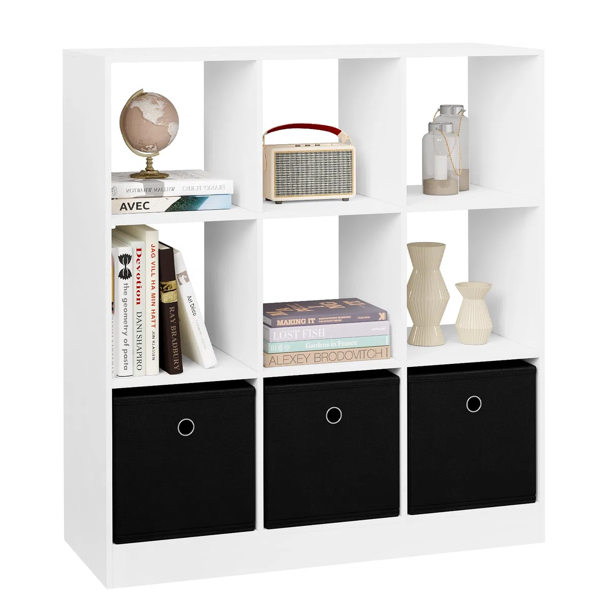 WOLTU Bücherregal Bücherschrank Standregal Würfelregal Aufbewahrungregal Raumteiler Büroregal, mit 9 Fächern 3 Schubladen aus Vliesstoff, für Wohnzimmer Schlafzimmer Büro, Weiß, SK041ws