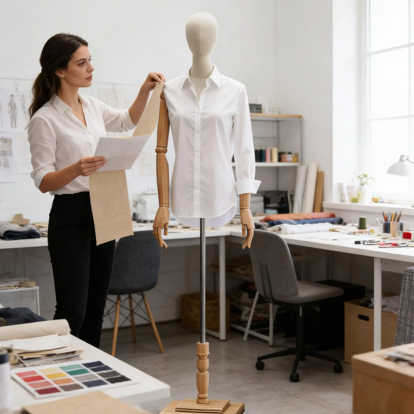 Schaufensterpuppe, Mechanische Arme und Finger Schneiderpuppe Damenbüste Torso Körper Weiblich, Höhenverstellbar Mannequin für Bekleidungsgeschäft, Kleiderständer, Boutique, Weiß