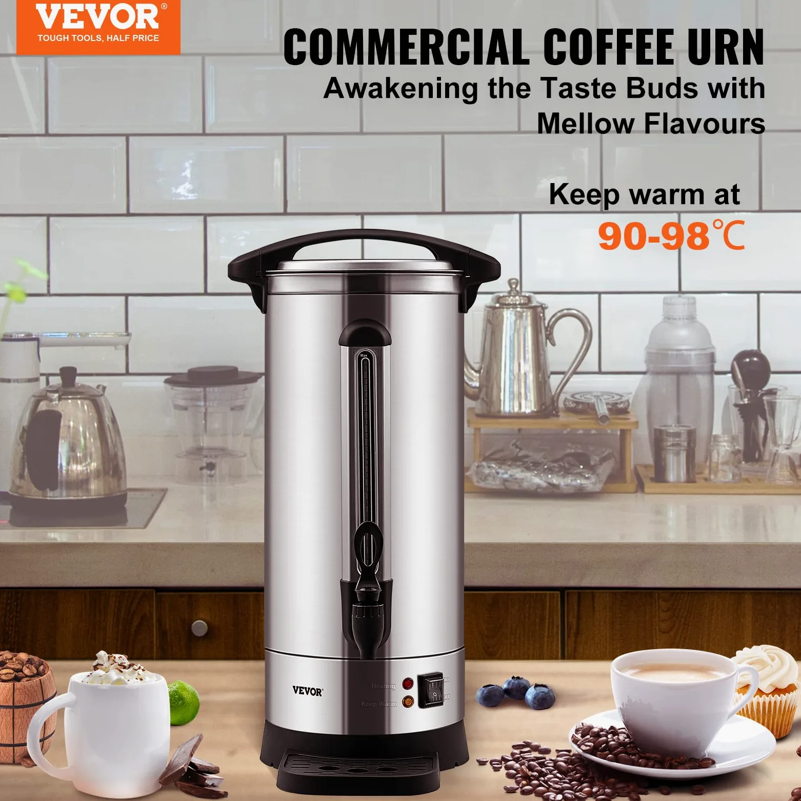 VEVOR Kommerzielle Heißgetränkespender Kaffee Heißwasserspender 110 Tassen, 1500 W Warmhaltebehälter Heißwasserspender 16,4 L Warmhaltebehälter Säfteimer für Büro, Partys, Café, Picknicks usw.