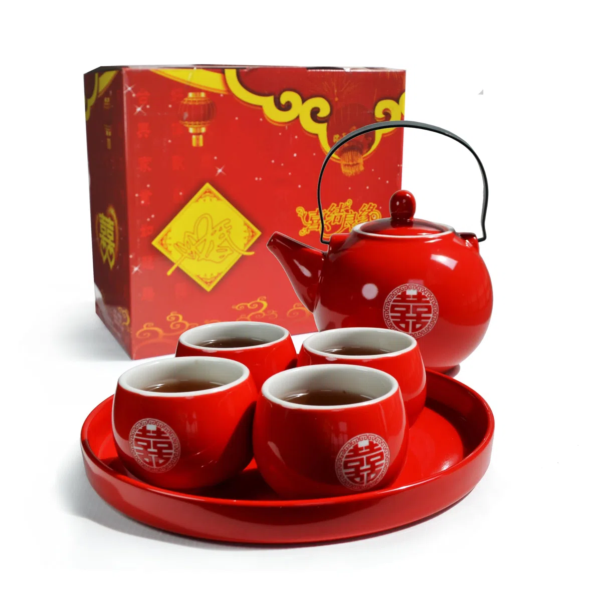Fiesta Chinesisches Tee-Geschenk-Set, 1 Teekanne, 4 Tassen, Porzellan-Tablett für Zeremonie, Hochzeit, Party, Heimdekoration