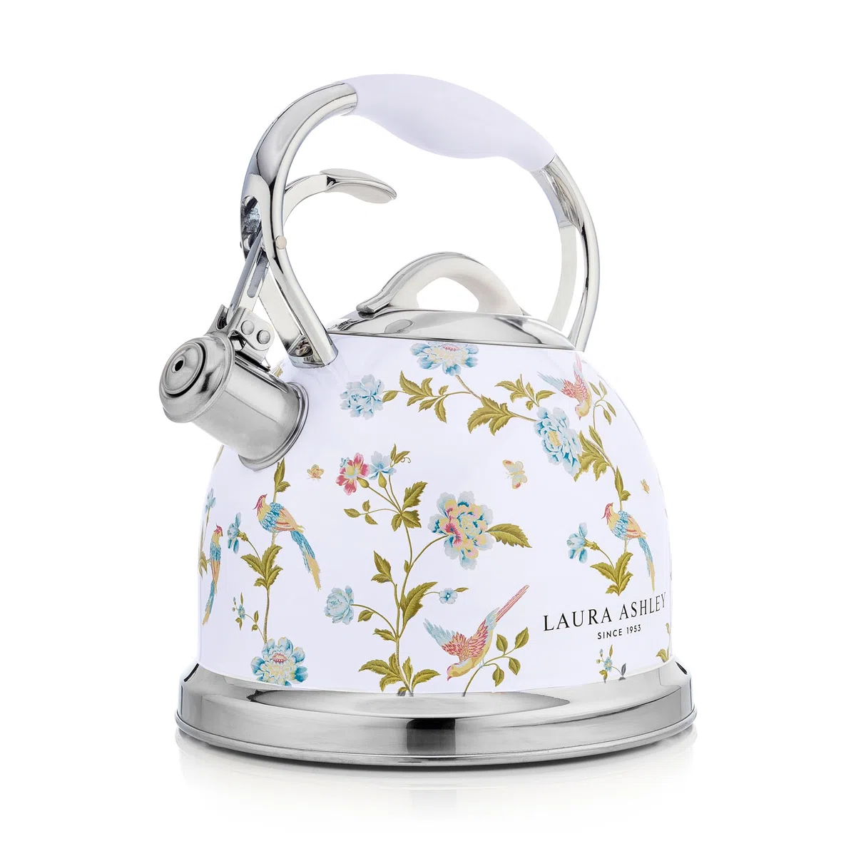 Laura Ashley Elveden White 3 Litern Wasserkessel Induktion von VQ – Wasserkessel Camping mit Pfeifton für Gasherd, Induktions kochfeld oder andere Kochfelder mit Druckknopf Mechanismus