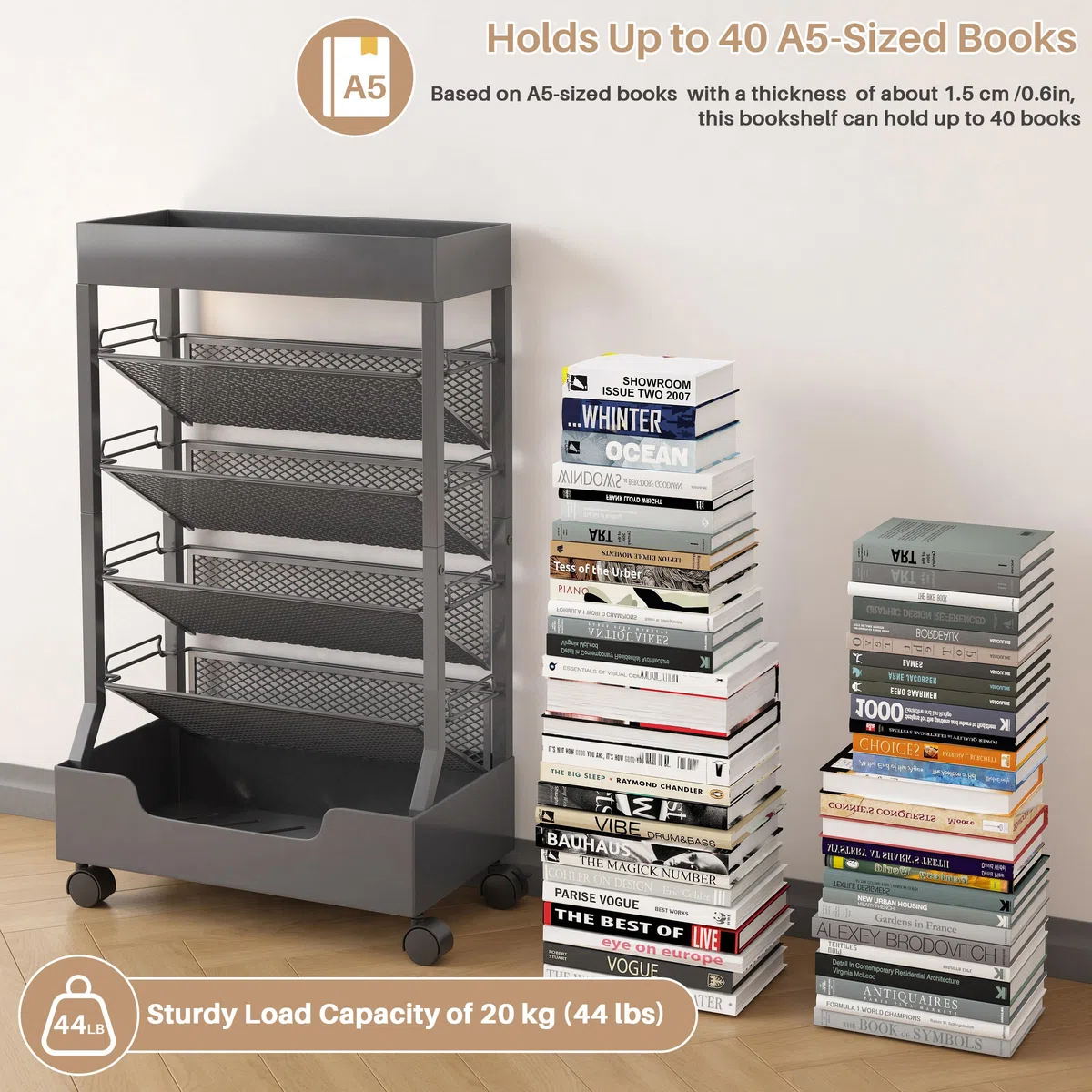 UMDONX Moderner, mobiler Buchwagen, einseitig, rollbares Bücherregal mit Metallplatte und Boden, hochwertige Einrastregale, robuste und elegante Aufbewahrung für Zuhause, Arbeitszimmer, Büro