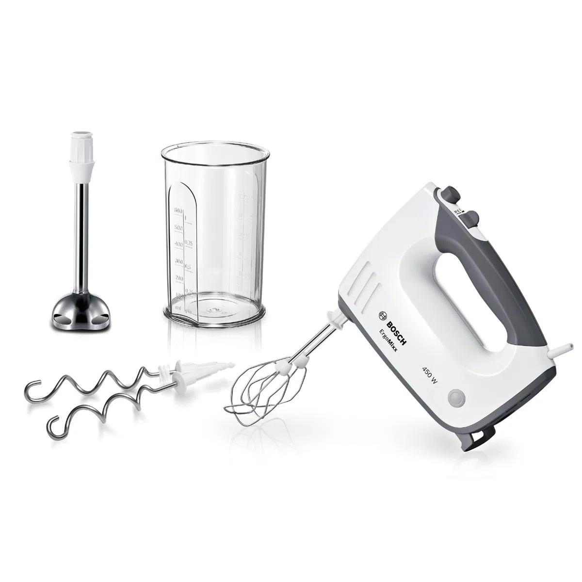 Bosch Handrührgerät, mit Pürierstab, Mixbecher, Edelstahl Rührer, Knethaken, spülmaschinenfest, 5 Stufen plus Turbotaste, weiß/grau, 750 W, ErgoMixx MFQ37470