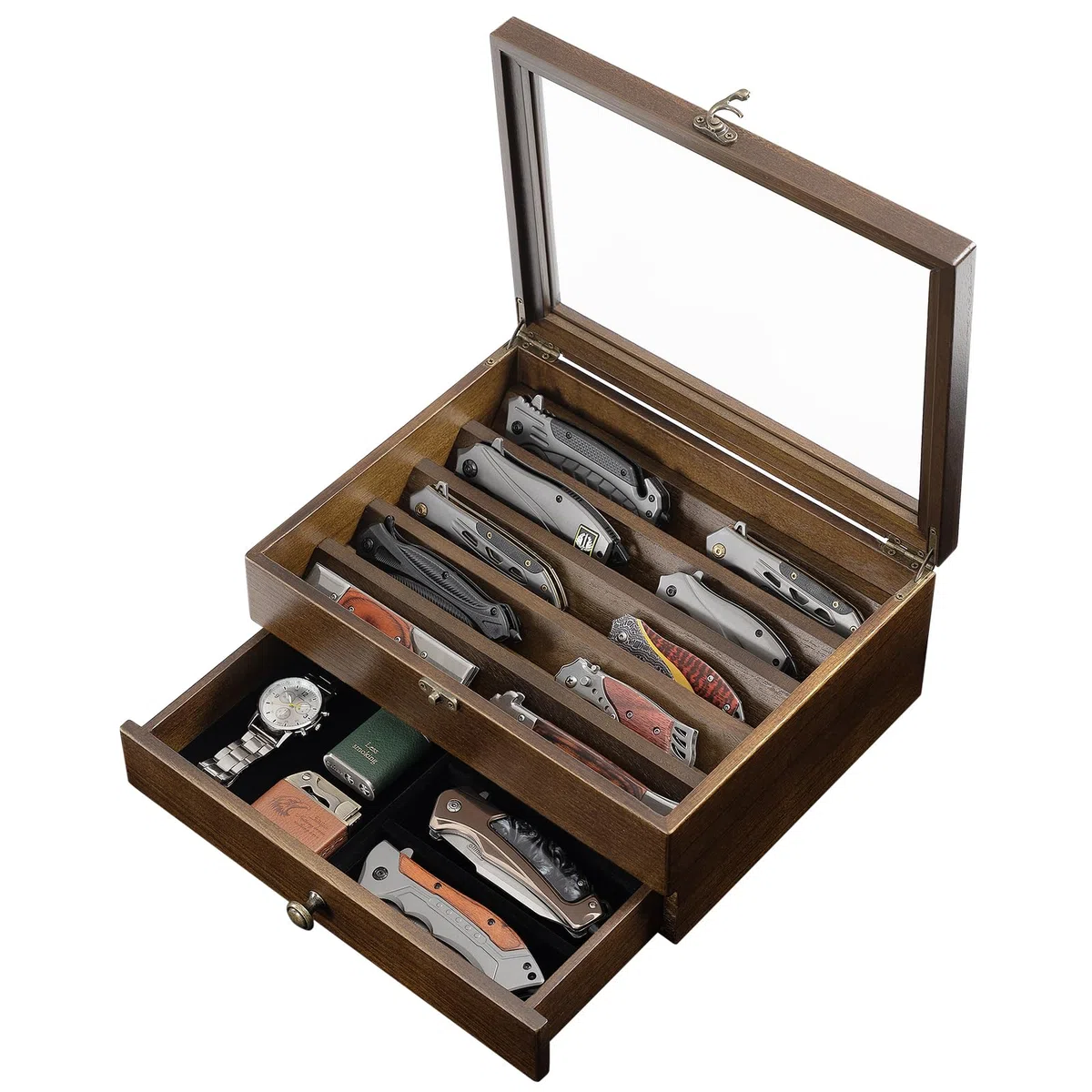 2 Etagen Messerhalter, Holz Messerständer, Messer Vitrine mit Schublade und Hochauflösendem Glas, Sammelmesserständer für Aufbewahrung Verschiedene Messer, Heimdekoration (Nussbaum)