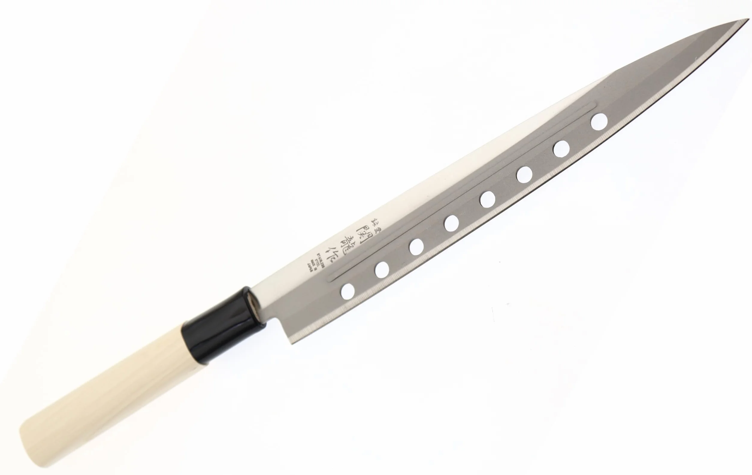 Cocktail7 Japanisches Yanagiba Sashimi Sushi Küchenmesser zum Filetieren von Fisch Edelstahl Klinge 21 cm, Holzgriff, Hergestellt in Japan (with Holes)