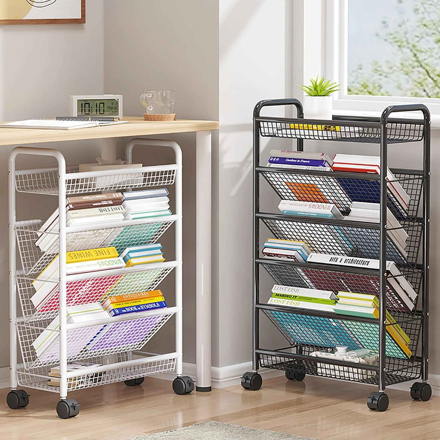 Rollbarer Bücherwagen, mobiles Bücherregal mit Rollen, kompaktes Design, Organizer, Trolley, bodenstehend, Metall-Bücherregale/Eck-Ausstellungsregal, Zeitschriftenständer für engen Raum (Farbe: Weiß,