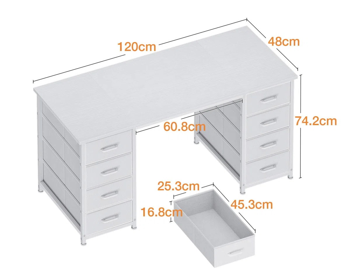 Coleshome Schreibtisch Mit 8 Stoff Schubladen, 120x48cm Schreibtisch Weiß Mit Stauraum Computertisch Vielseitg, Bürotisch PC Tisch Officetisch Für Büro, Wohnzimmer, Home Office