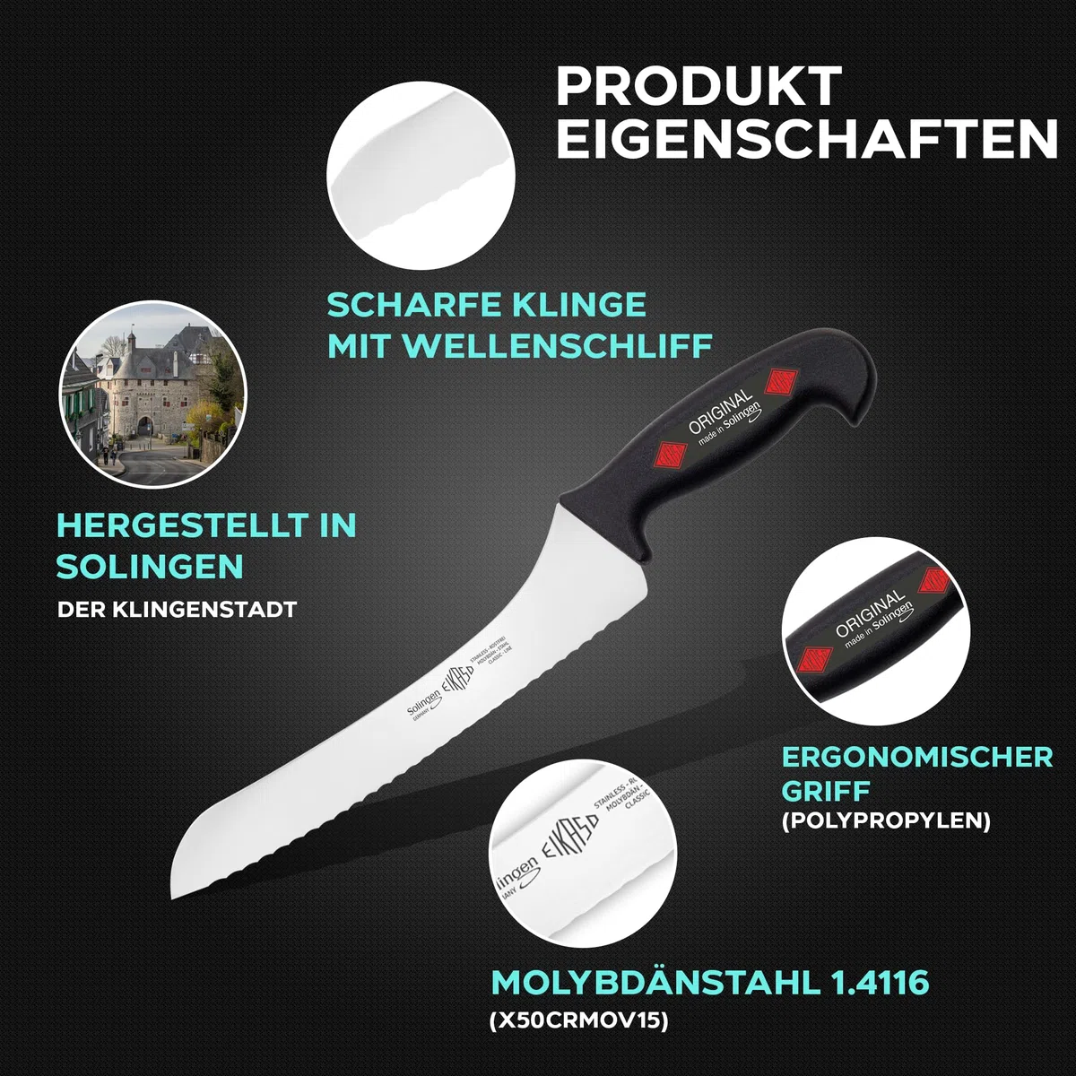 EIKASO Solingen Allzweckmesser Haushaltsmesserset für Profis und Privat Klinge aus Molybdänstahl 1.4116 Kochmesser Brotmesser Ausbeinmesser mit ergonomischen Griff