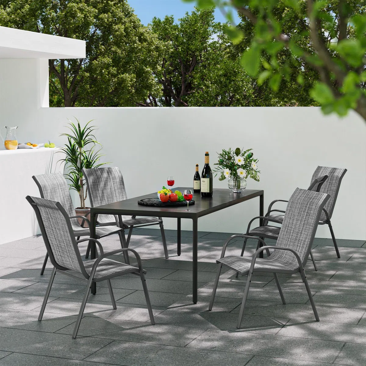 UDPATIO 6er Set Gartenstühle Stapelbare, 55cm Breiter Hochlehner Gartenstuhl, Stapelstühle aus Textilene, Atmungsaktive Terrassenstühle für Balkon, Terrasse, Garten, Grau