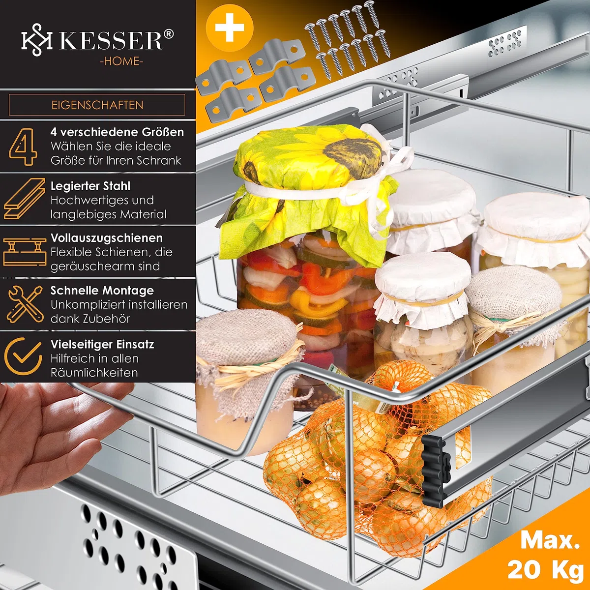 KESSER® Teleskopschublade 3er Set 60cm Schrankbreite verchromt aus Edelstahl Schubladeneinsatz für Küchenschrank Korbauszug Schrankauszug, Silber