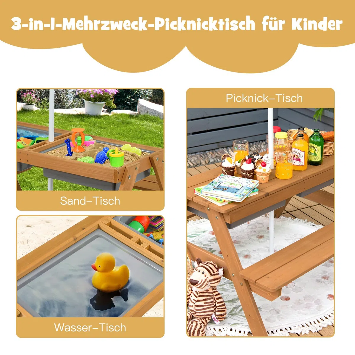 COSTWAY 3 in 1 Kinder Picknicktisch, Gartentisch mit Sonnenschirm & Bänke, Kindersitzgruppe Outdoor aus Holz mit Abnehmbarer Tischplatte & 2 Spielboxen für Garten, Hinterhof, Terrasse (Weiß+Grün)