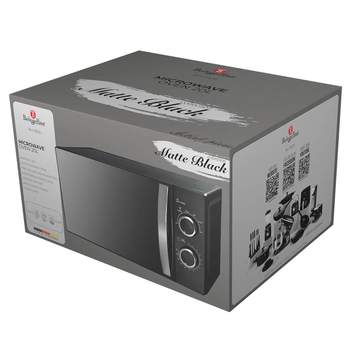 Berlinger Haus Mikrowellenherd 20 l | Black Rose Collection mit 700 W Leistung | 6 Stufen | Edelstahlteile & Borosilikatglas | Innenbeleuchtung & Auftaufunktion