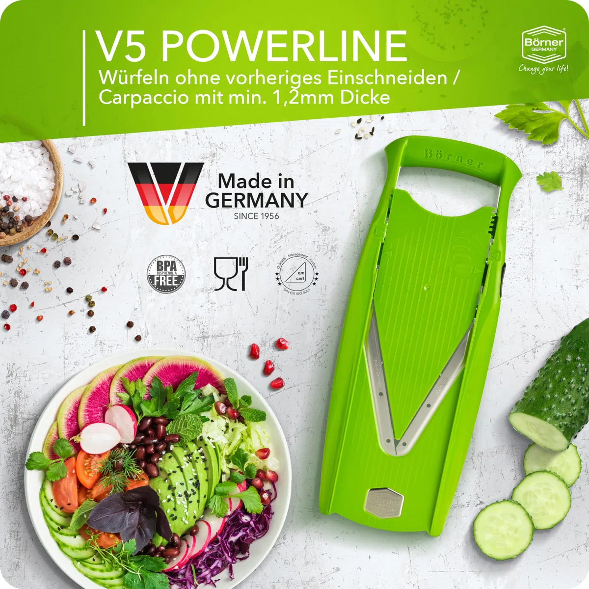 Börner Gemüsehobel V5 (Profi Set) • Verstellbarer V-Hobel 7-teilig mit 10 Schnittarten • Gemüseschneider mit Edelstahl V-Klinge • Küchenhobel inkl. Dockingstation • Farbe: Grün