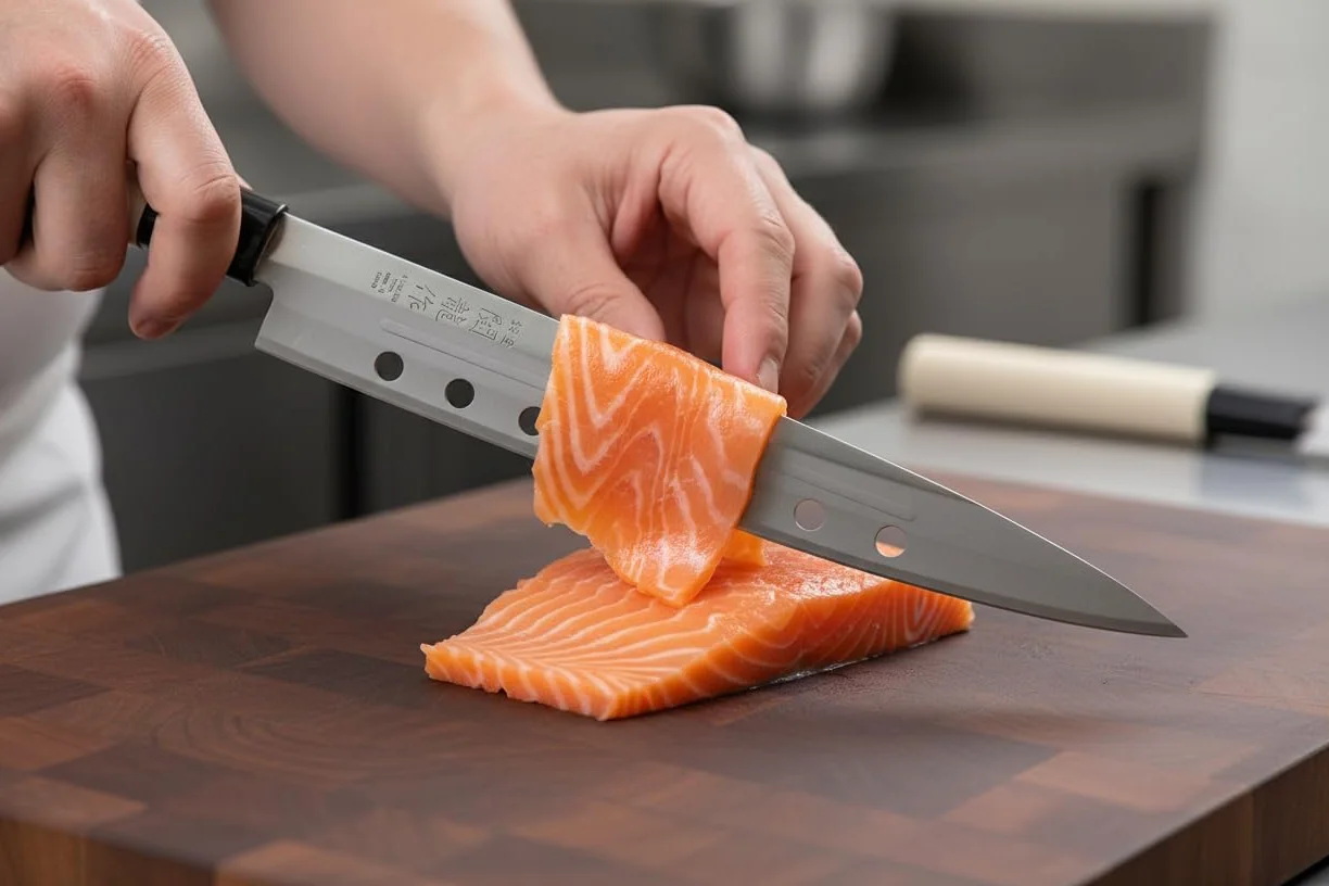 Cocktail7 Japanisches Yanagiba Sashimi Sushi Küchenmesser zum Filetieren von Fisch Edelstahl Klinge 21 cm, Holzgriff, Hergestellt in Japan (with Holes)