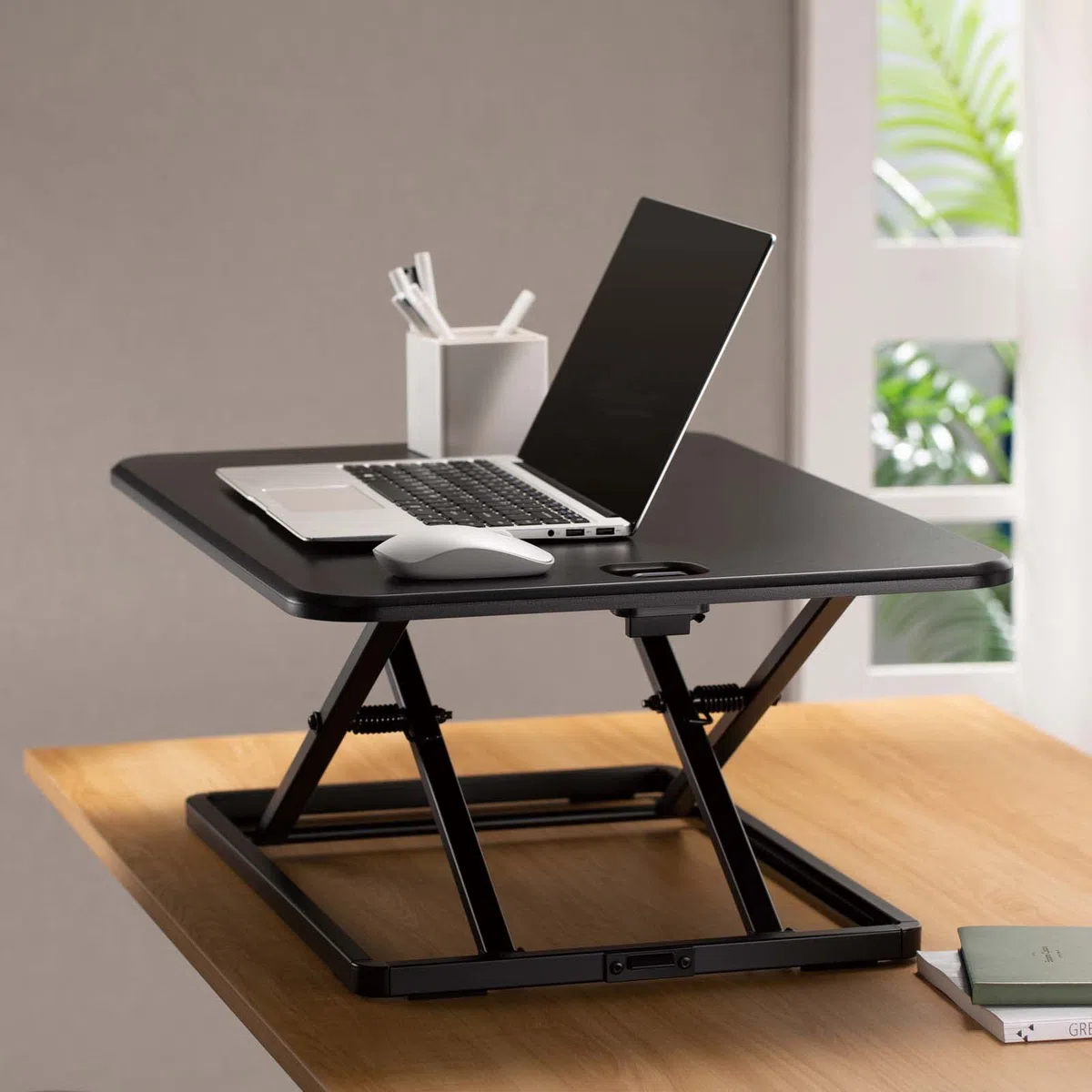 WilTec Toboli Schreibtischaufsatz 67x47cm höhenverstellbarer Steh-Sitz Schreibtisch für Laptop und Monitor