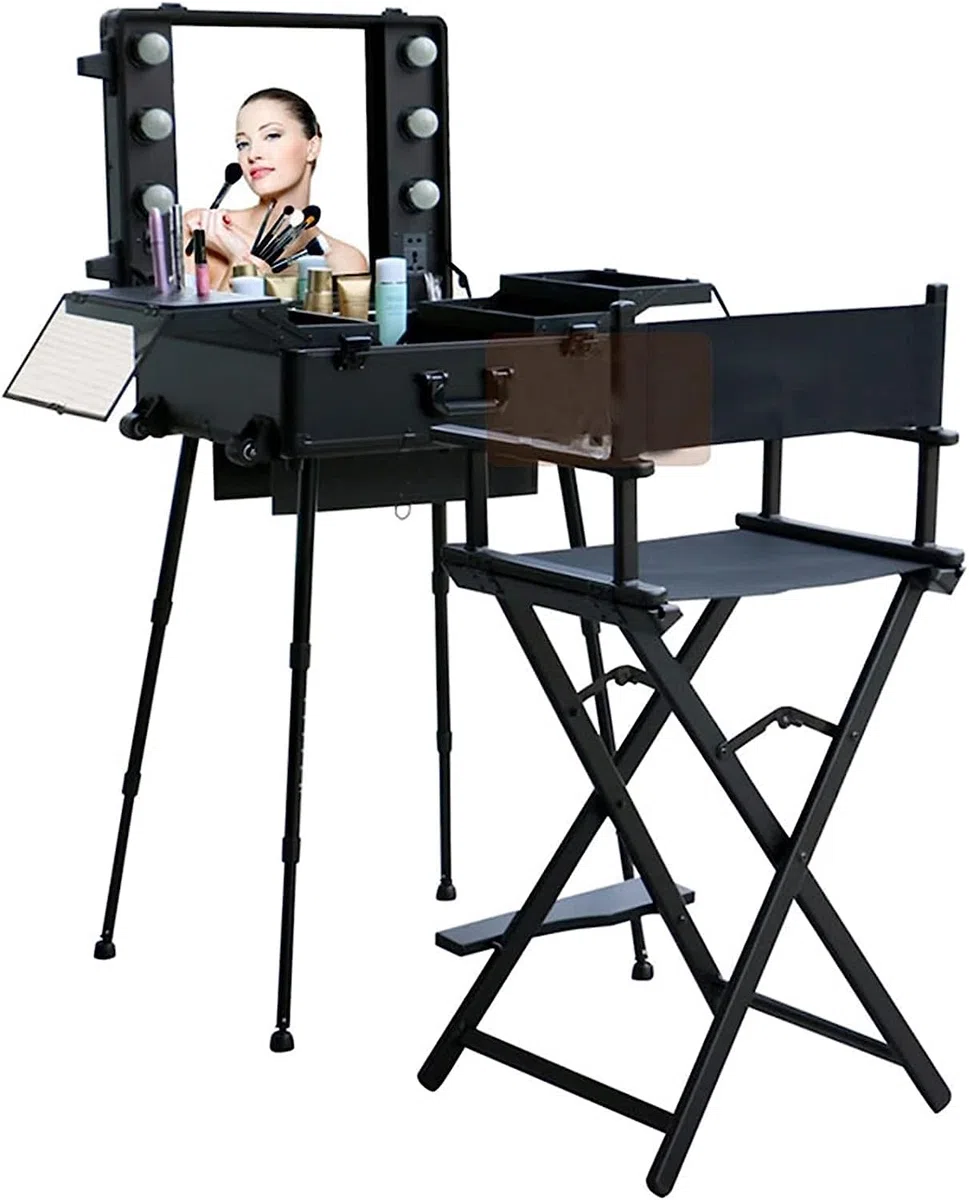 Professioneller faltbarer Direktorssitz - hoher Make-up-Artist-Sitz aus Aluminium für Kunden, tragbarer Regiestuhl, Camping-Chaise (Schwarz)