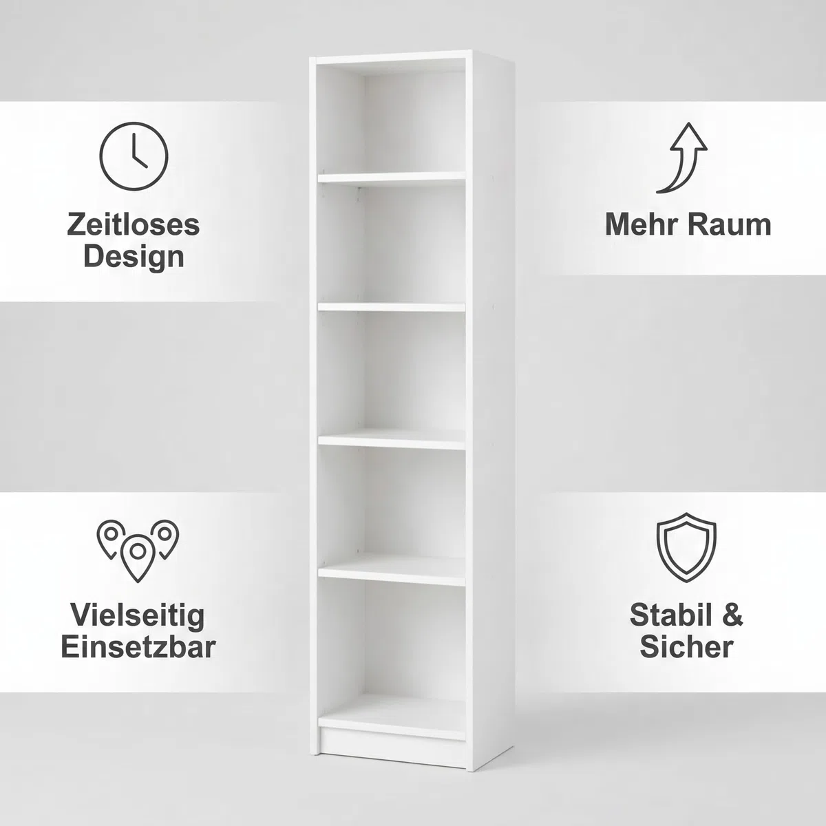 Bücherregal, 183x50x31 cm, 5-Tier Bücherschrank aus 19 mm starker Platte, Modernes offenes Standregal, Aufbewahrungsregale und Präsentationsregale für Wohnzimmer, Home Office, Schlafzimmer