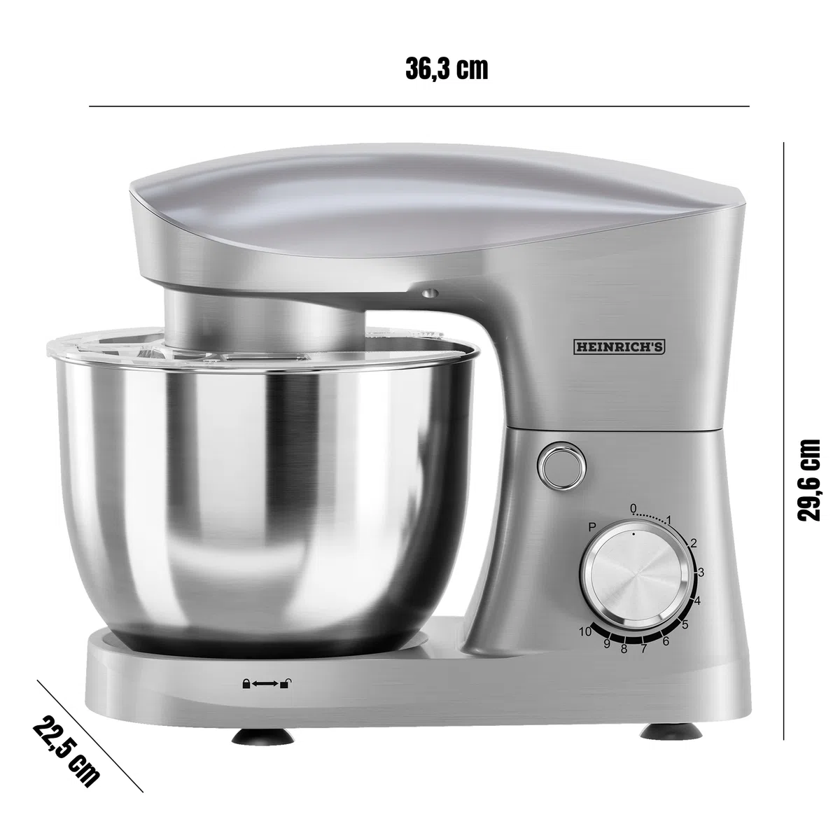 Heinrich´s Küchenmaschine, Knetmaschine, Teigmaschine, Rührmaschine, 1500W Küchengerät, Knethaken, Rührhaken, Schneebesen, 10 einstellbare Geschwindigkeiten, XL 6L Edelstahlschüssel,geräuscharm,silber