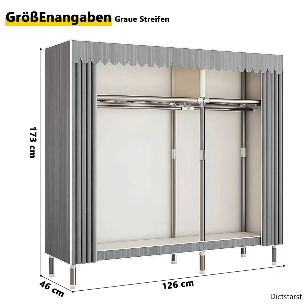 Kleiderschrank Stoffschrank Stabil, Stoff Faltschrank Für Schlafzimmer Mit Kleiderstange & Ablagen, Ankleidezimmer Garderobe Mit Kleiderständer 126x46x173cm Graue Streifen