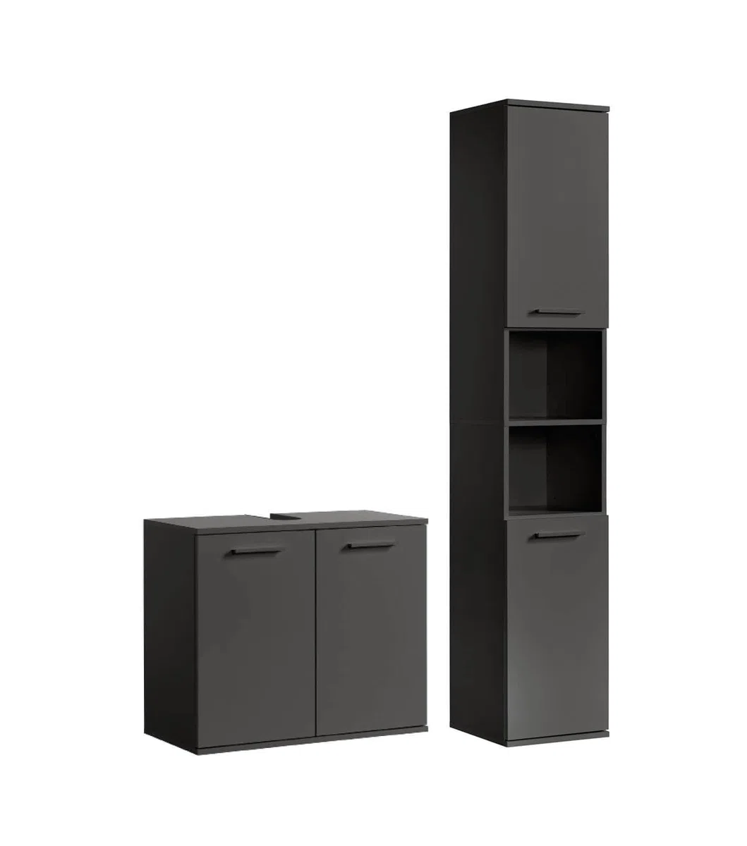 mokebo Badmöbel Set 'Der Steuermann' (2-teilig) Made in Germany, Badezimmer Set aus Holz in Anthrazit-Schwarz, Komplettset mit Waschbeckenunterschrank & Hochschrank, Badmöbel Garnitur