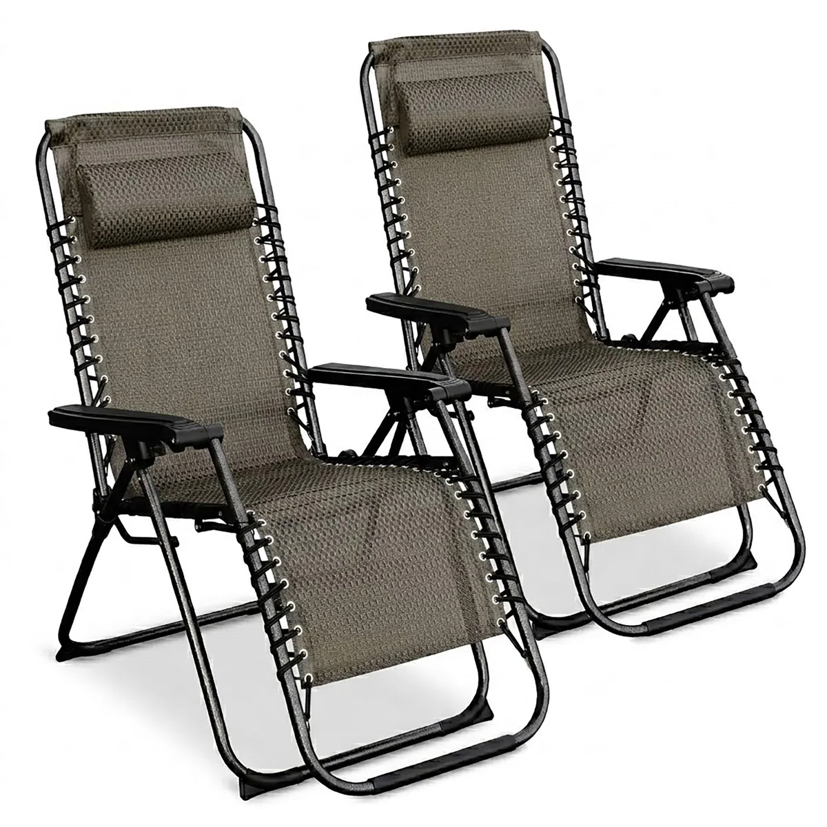 Spetebo Relaxsessel mit Kopfkissen aus Textil Gewebe 2er Set 178 x 51 cm - grau-braun - Gartenstuhl mit Verstellbarer Rückenlehne und Fußteil - Sonnenliege Hochlehner Gartenliege Liegestuhl klappbar